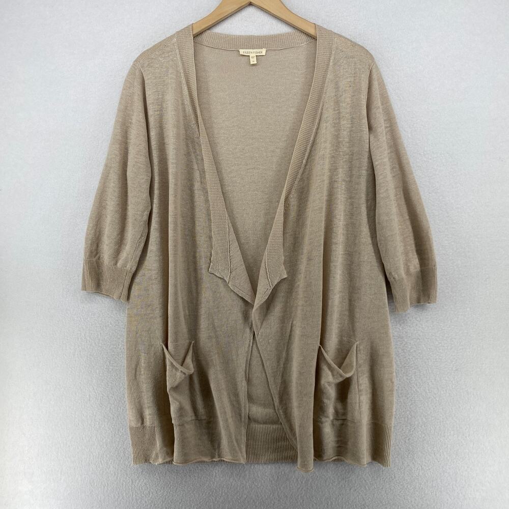 EILEEN FISHER Cardigan M Fine Gauge Linen Draped Open Front 3/4 Sleeve Beige